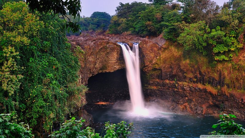 Waterfall in Forest — Green, Serene, Afternoon, Photograph, River, Rock, Brown, White
