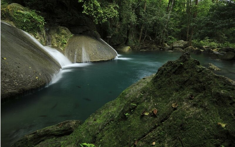 Waterfall in Forest — Green, Serene, Afternoon, Photograph, River, Rocks, Trees, Blue, Brown