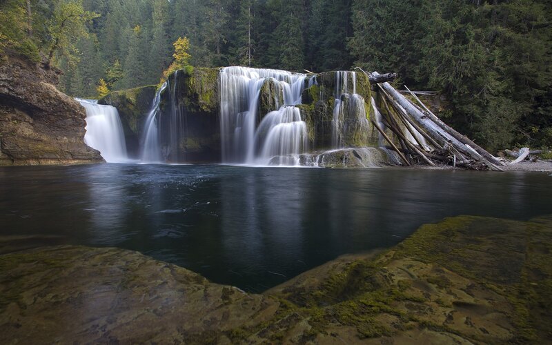 Waterfall in Forest — Green, Serene, Afternoon, Photograph, River, Rocks, Trees, Brown, Blue
