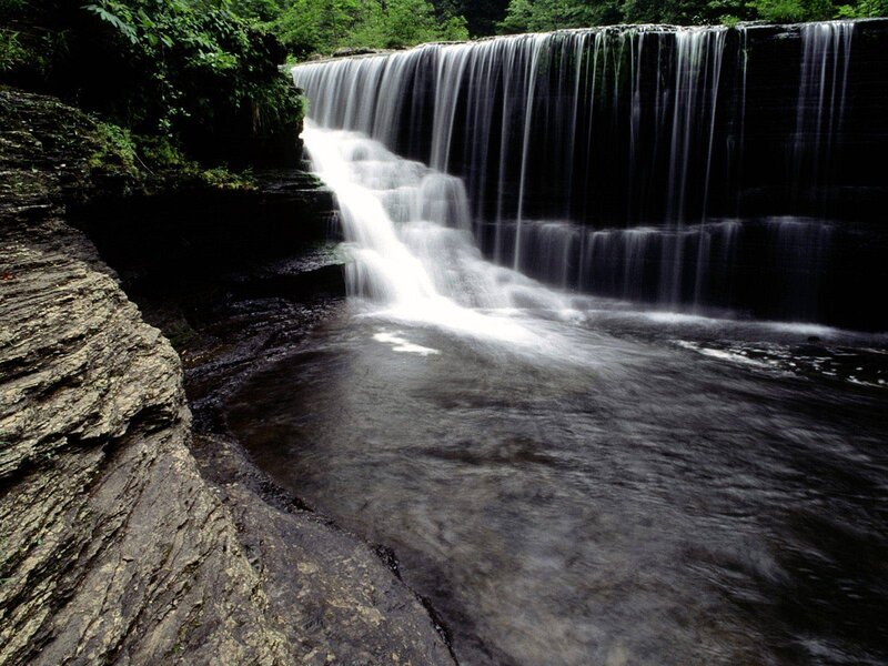 Waterfall in Forest — Green, Serene, Afternoon, Photograph, River, Rocks, Trees, Gray, White