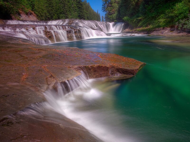 Waterfall in Forest — Green, Serene, Afternoon, Photograph, River, Trees, Rocks, Blue, Brown