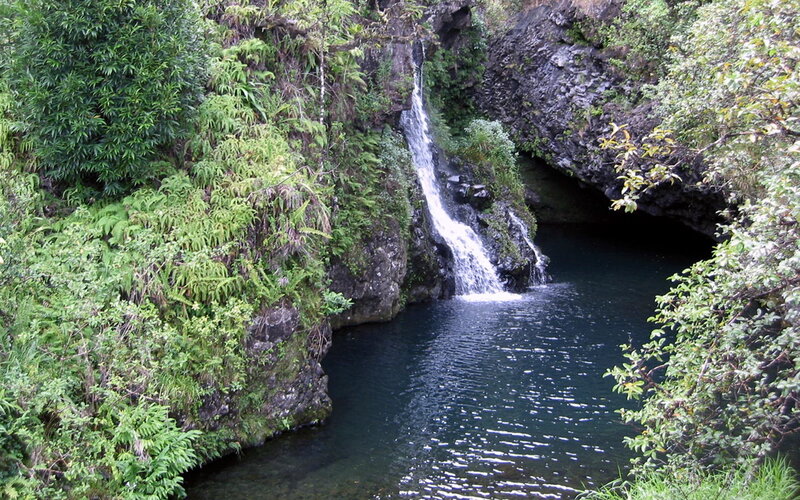 Waterfall in Forest — Green, Serene, Afternoon, Photograph, River, Trees, Rocks, Cave