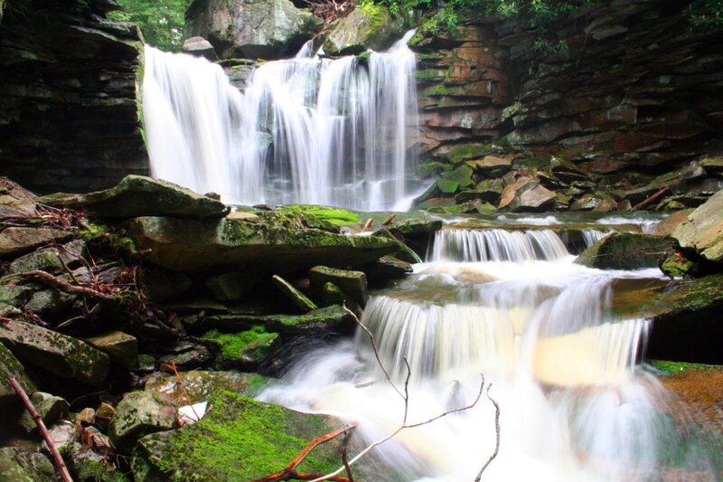 Waterfall in Forest — Green, Serene, Afternoon, Photograph, Rocks, Moss, Trees, Brown