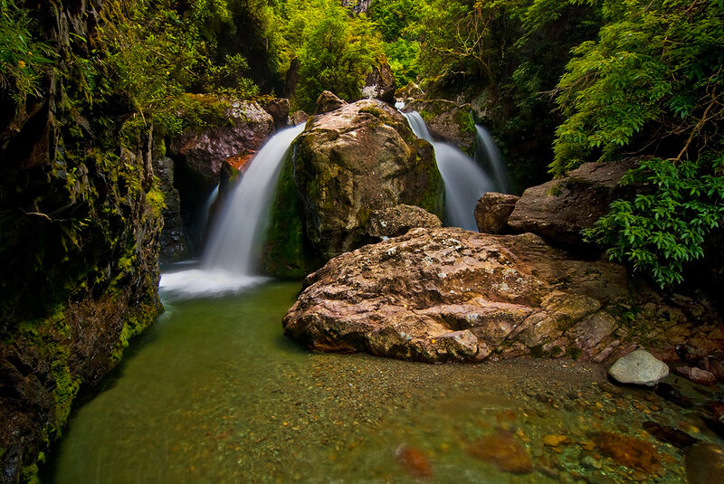 Waterfall in Forest — Green, Serene, Afternoon, Photograph, Rocks, Stream, Trees, Brown