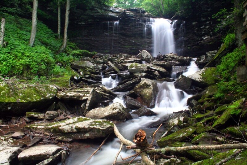 Waterfall in Forest — Green, Serene, Afternoon, Photograph, Rocks, Trees, Moss, Gray