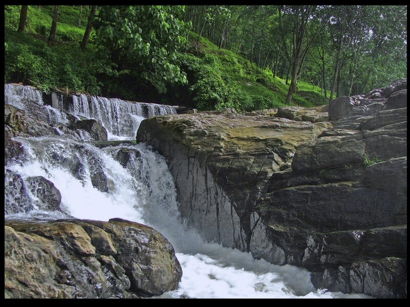 Waterfall in Forest — Green, Serene, Afternoon, Photograph, Rocks, Trees, River, Gray
