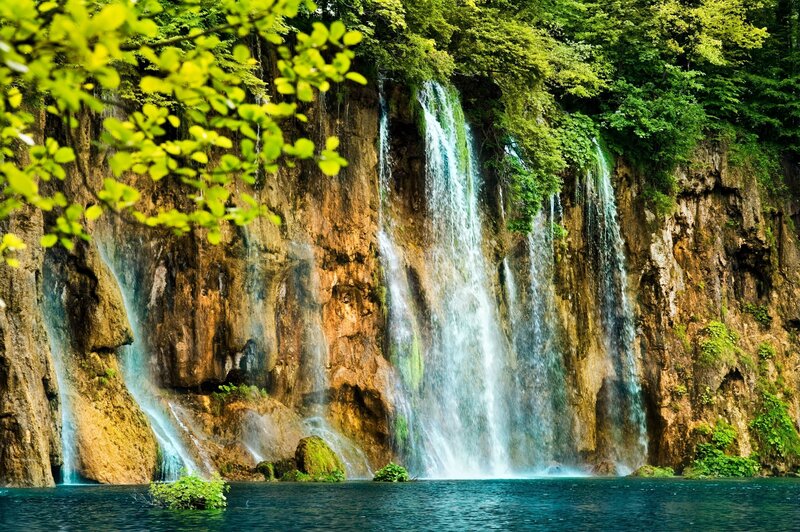 Waterfall in Forest — Green, Serene, Afternoon, Photograph, Trees, Cliff, Pool, Leaves