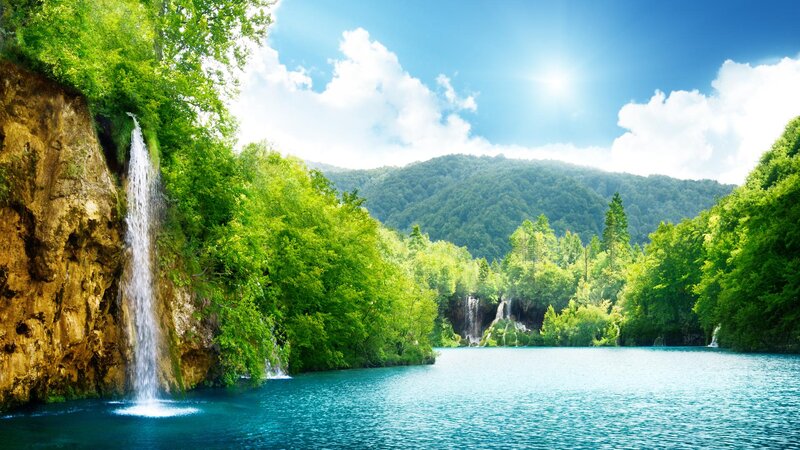 Waterfall in Forest — Green, Serene, Afternoon, Photograph, Trees, Lake, Mountain