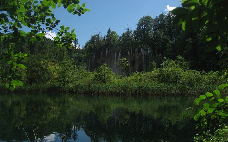 Waterfall in Forest — Green, Serene, Afternoon, Photograph, Trees, Lake, Sky, Blue