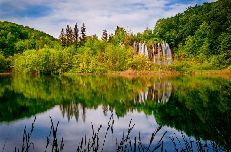 Waterfall in Forest — Green, Serene, Afternoon, Photograph, Trees, Lake, Sky
