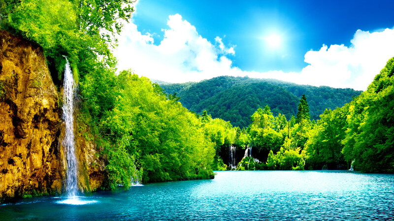Waterfall in Forest — Green, Serene, Afternoon, Photograph, Trees, Mountain, Lake