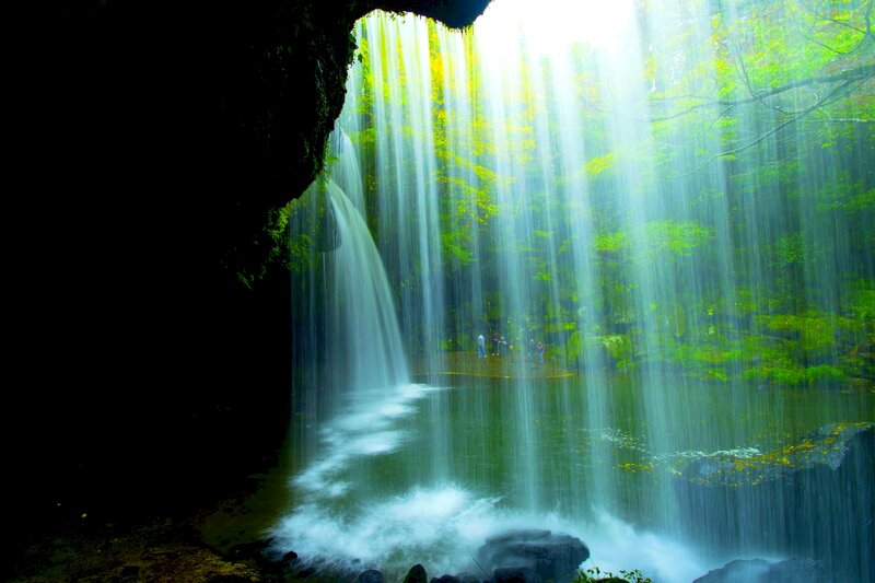 Waterfall in Forest — Green, Serene, Afternoon, Photograph, Trees, People, Pool