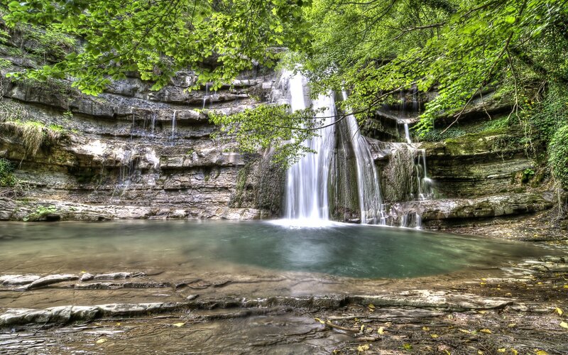 Waterfall in Forest — Green, Serene, Afternoon, Photograph, Trees, Pool, Rock, Brown, Blue