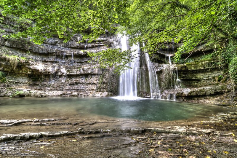 Waterfall in Forest — Green, Serene, Afternoon, Photograph, Trees, Pool, Rocks, Brown