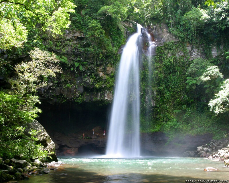 Waterfall in Forest — Green, Serene, Afternoon, Photograph, Trees, Pool, Rocks, People