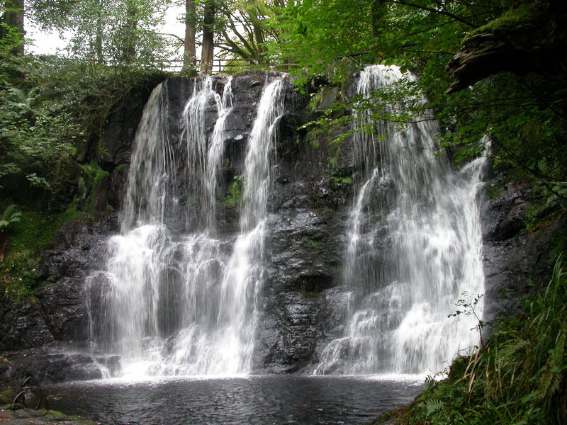 Waterfall in Forest — Green, Serene, Afternoon, Photograph, Trees, Pool, Rocks, White, Black