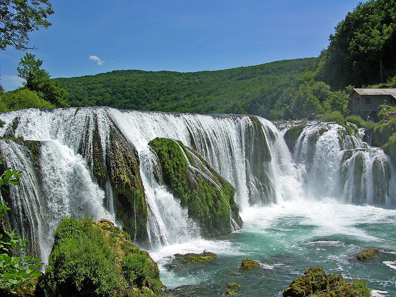 Waterfall in Forest — Green, Serene, Afternoon, Photograph, Trees, River, Hills