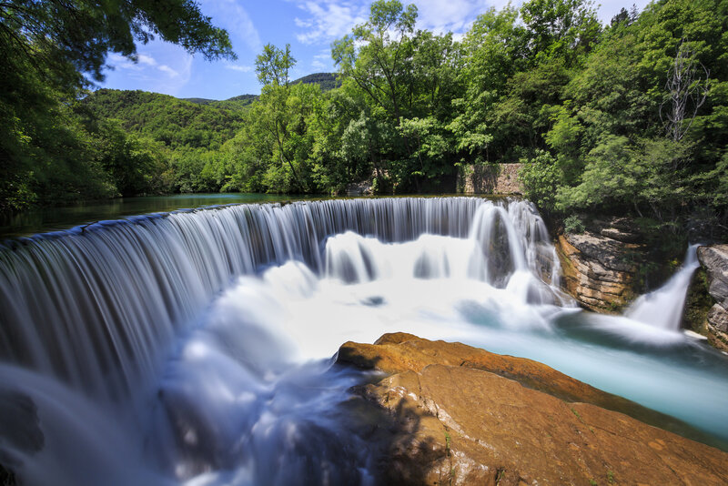 Waterfall in Forest — Green, Serene, Afternoon, Photograph, Trees, River, Mountain, Rocks
