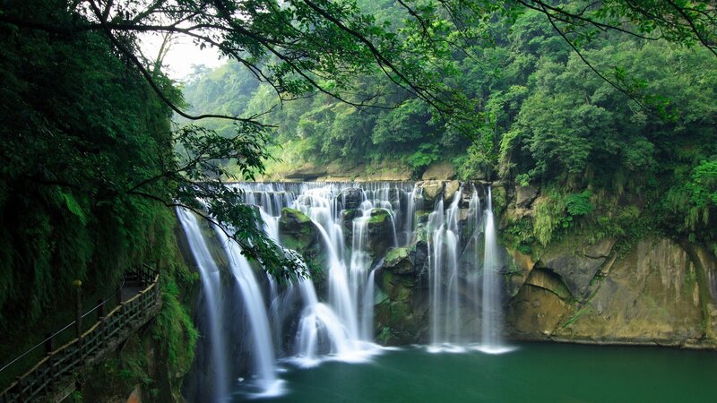 Waterfall in Forest — Green, Serene, Afternoon, Photograph, Trees, River, Path