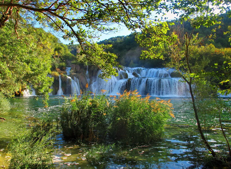 Waterfall in Forest — Green, Serene, Afternoon, Photograph, Trees, River, Plants, Hills