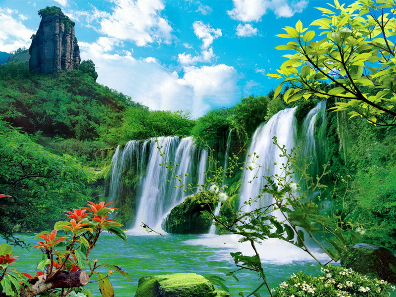 Waterfall in Forest — Green, Serene, Afternoon, Photograph, Trees, Rock Formation