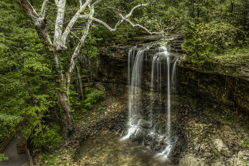 Waterfall in Forest — Green, Serene, Afternoon, Photograph, Trees, Rock, Pool