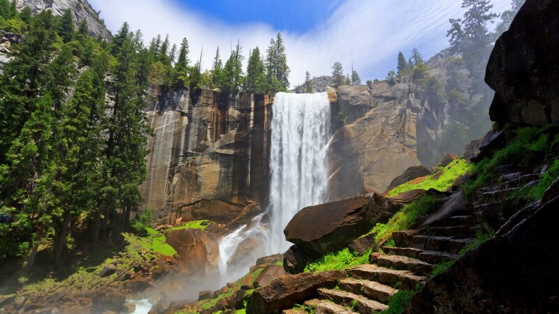 Waterfall in Forest — Green, Serene, Afternoon, Photograph, Trees, Rock, Stairs