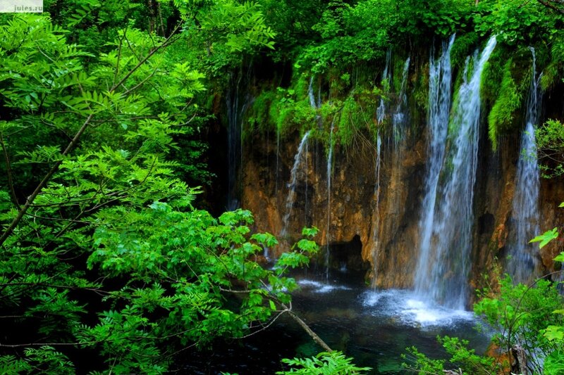 Waterfall in Forest — Green, Serene, Afternoon, Photograph, Trees, Rock