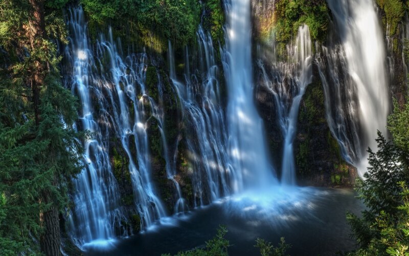 Waterfall in Forest — Green, Serene, Afternoon, Photograph, Trees, Rocks, Pool, Blue, Black