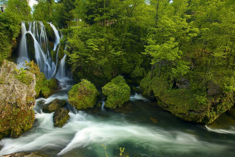 Waterfall in Forest — Green, Serene, Afternoon, Photograph, Trees, Rocks, River, Blue, White
