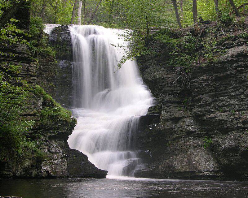 Waterfall in Forest — Green, Serene, Afternoon, Photograph, Trees, Rocks, River, Gray