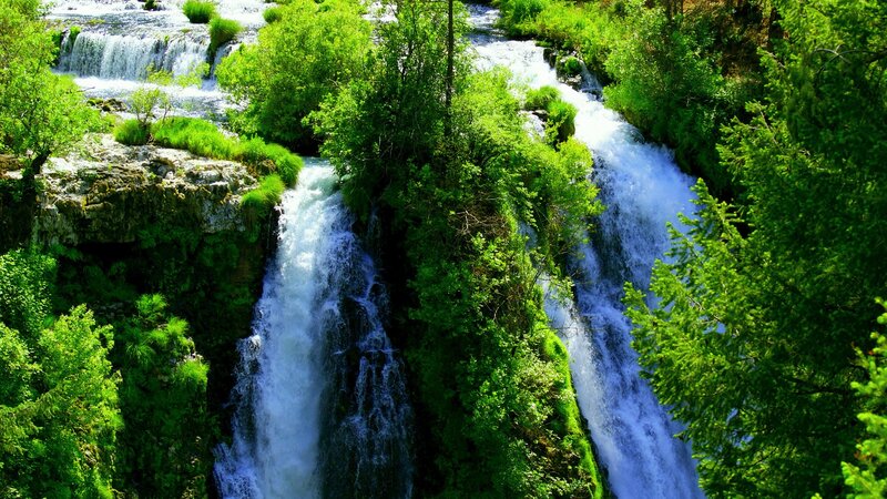 Waterfall in Forest — Green, Serene, Afternoon, Photograph, Trees, Rocks, River, White, Blue
