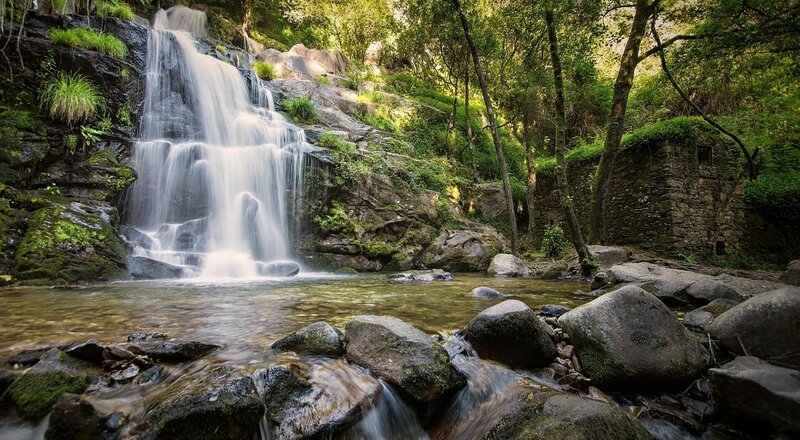 Waterfall in Forest — Green, Serene, Afternoon, Photograph, Trees, Rocks, Stream, Ruins