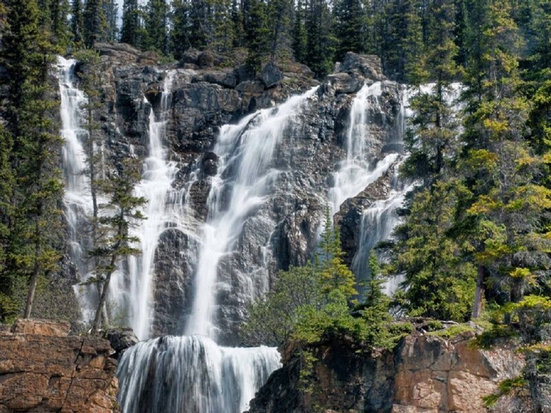 Waterfall in Forest — Green, Serene, Afternoon, Photograph, Trees, Rocks, Water