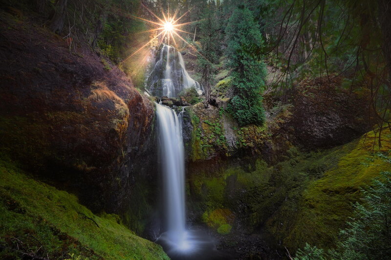 Waterfall in Forest — Green, Serene, Afternoon, Photograph, Trees, Sunlight, Moss, Rocks