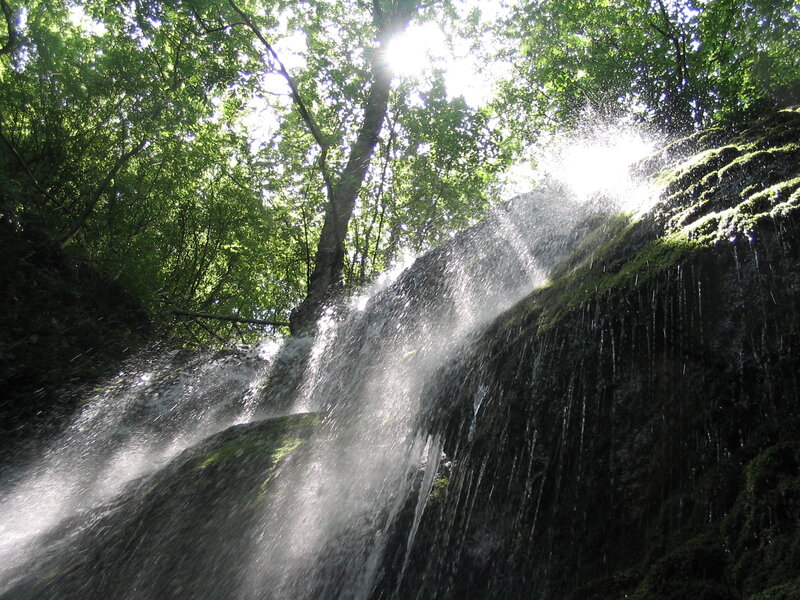 Waterfall in Forest — Green, Serene, Afternoon, Photograph, Trees, Sunlight, Moss, White