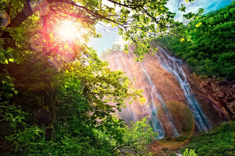 Waterfall in Forest — Green, Serene, Afternoon, Photograph, Trees, Sunlight, Rock Face