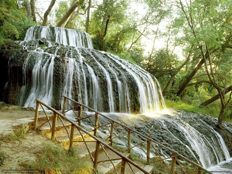 Waterfall in Forest — Green, Serene, Afternoon, Photograph, Trees, Wooden Railing, River