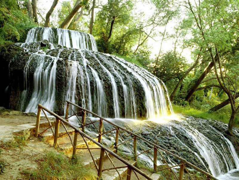 Waterfall in Forest — Green, Serene, Afternoon, Photograph, Trees, Wooden Railing