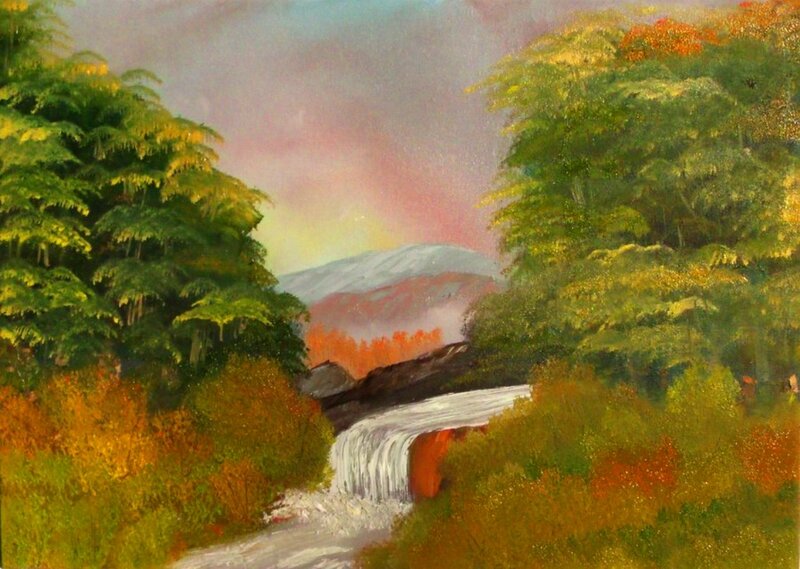Waterfall in Forest — Green, Serene, Autumn, Painting