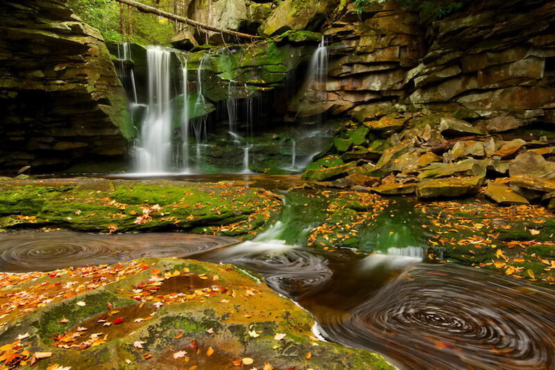 Waterfall in Forest — Green, Serene, Autumn, Photograph, Moss, Rocks, Leaves