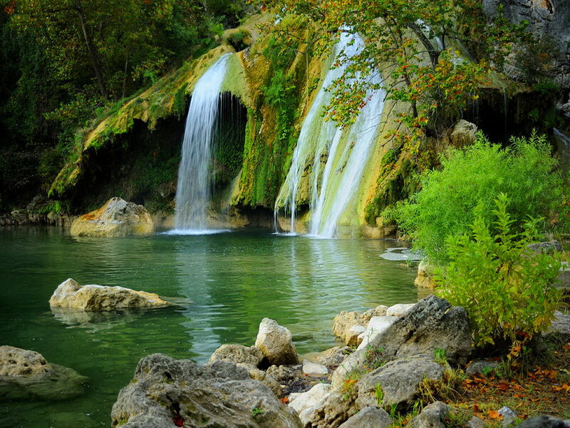 Waterfall in Forest — Green, Serene, Autumn, Photograph, Pool