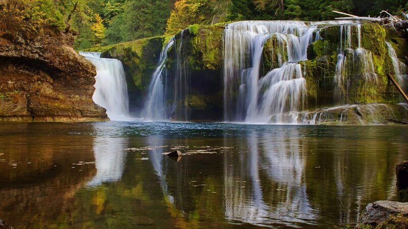 Waterfall in Forest — Green, Serene, Autumn, Photograph, River, Trees, Rocks, Brown, White