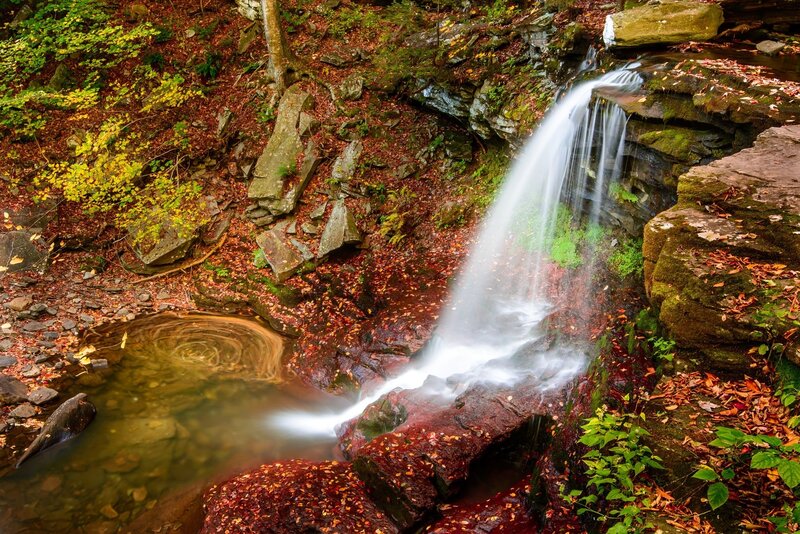 Waterfall in Forest — Green, Serene, Autumn, Photograph, Rocks, Leaves, Trees