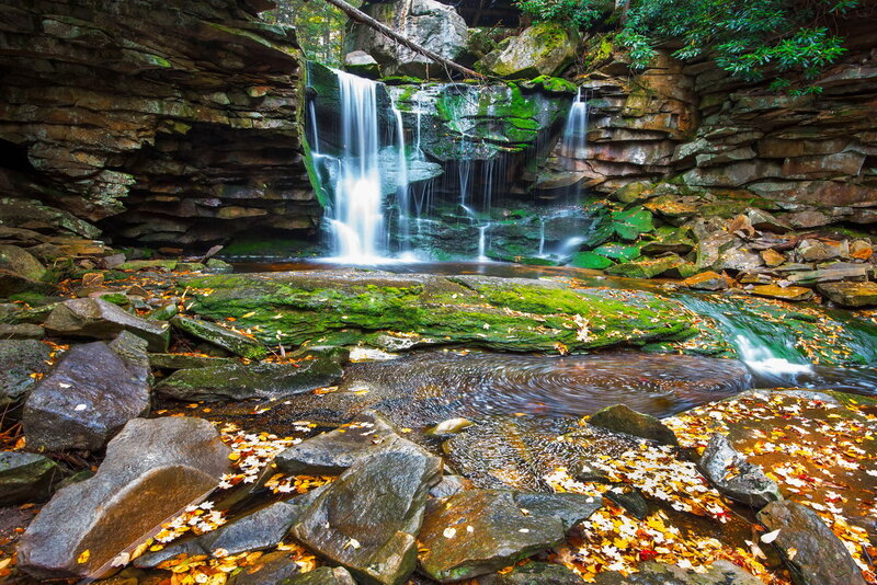 Waterfall in Forest — Green, Serene, Autumn, Photograph, Rocks, Moss, Leaves