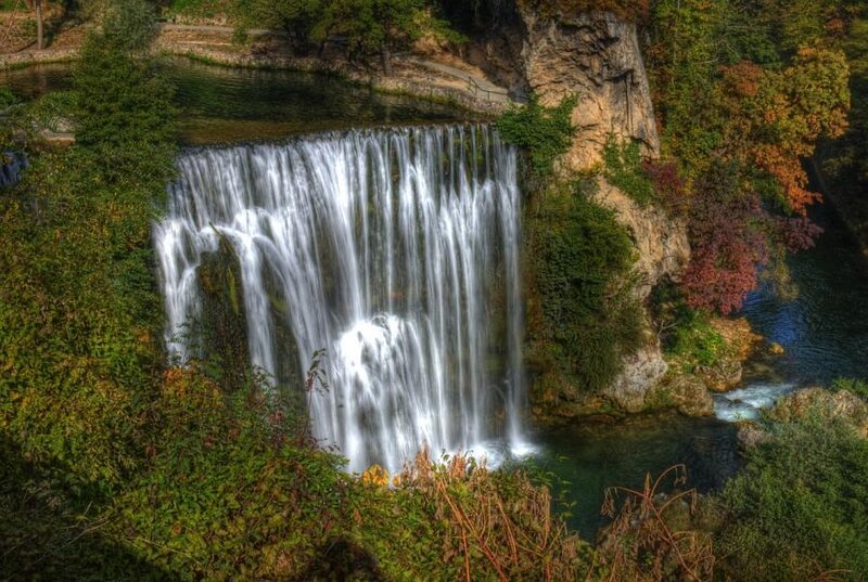 Waterfall in Forest — Green, Serene, Autumn, Photograph, Trees, River, Cliff