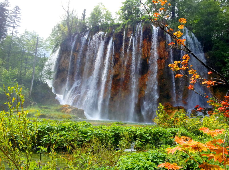 Waterfall in Forest — Green, Serene, Autumn, Photograph, Trees, River, Leaves