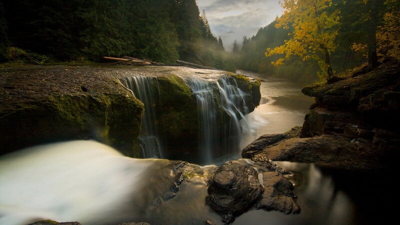 Waterfall in Forest — Green, Serene, Autumn, Photograph, Trees, River, Rocks, Mist