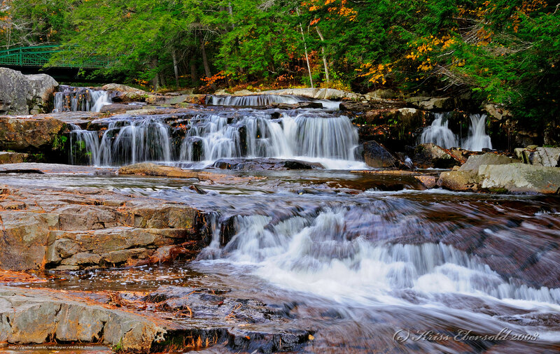 Waterfall in Forest — Green, Serene, Autumn, Photograph, Trees, Rocks, Bridge