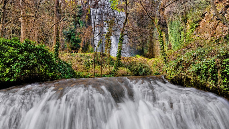 Waterfall in Forest — Green, Serene, Autumn, Photograph, Trees, Rocks, Ivy